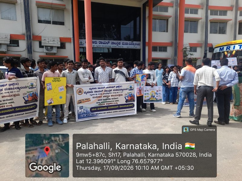 The photo shows a Voting Awareness Programme conducted by college students in front of an MRIT College