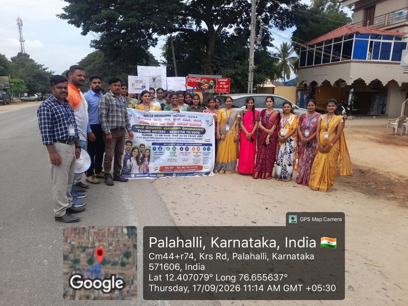 The photograph shows a Voter Awareness Programme conducted by students and staff in Palahalli, Karnataka, India.