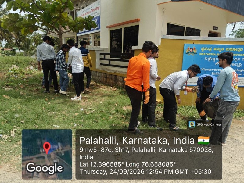 The photograph shows an NSS Cleanliness Drive conducted by student volunteers on the college campus.